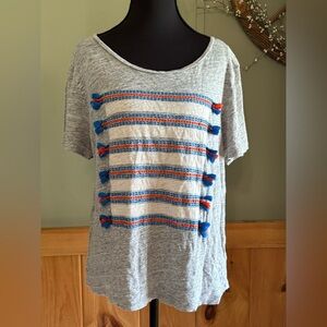 J. Crew Heather Gray Short-Sleeve Tee with Blue and Orange Tassel Stripes